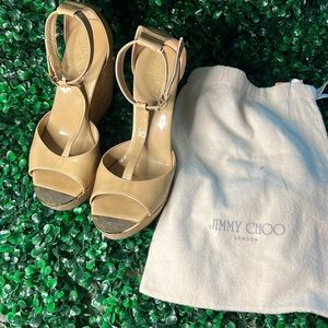 Jimmy Choo Beige Patent Leather Pela Cork Wedge T-Strap Sandals